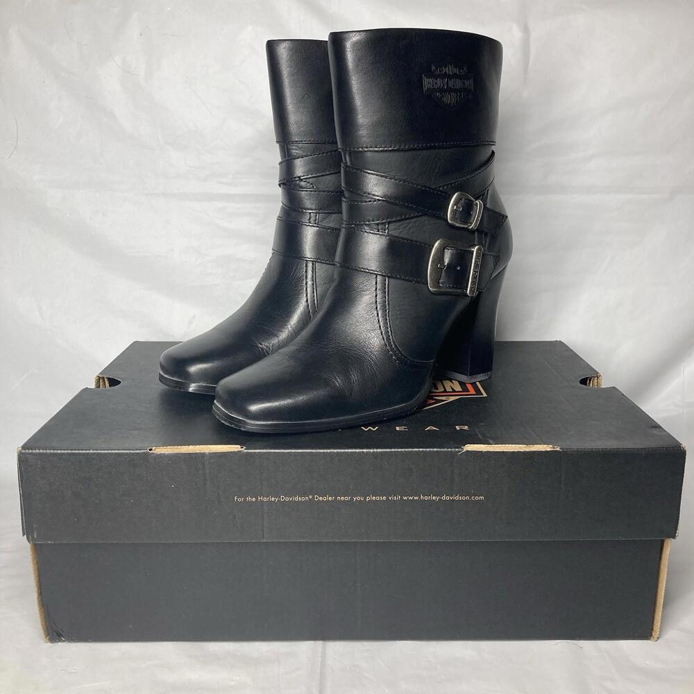 Women’s Size 7 Harley Davidson Dina Black Leather Buckle Strap Block Heels 3.5”